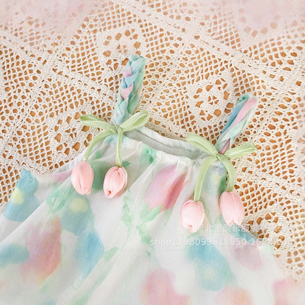 Summernew arrival baby clothes floral small suspender baby girl flower bud princess bag butt jumpsuit summer clothing export batch