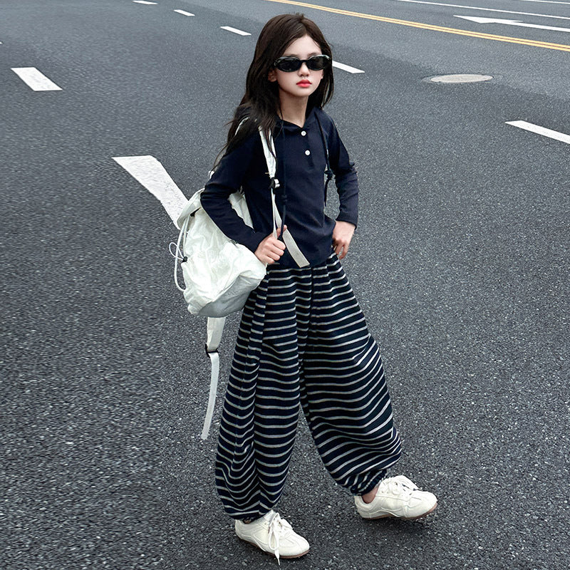 Girls' pants: new  striped lantern pants for girls - stylish autumn/winter wide-leg casual trousers for students