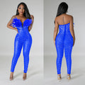 C6735 cross-border   fashion women's solid color sexy mesh rhinestone hot pants jumpsuit