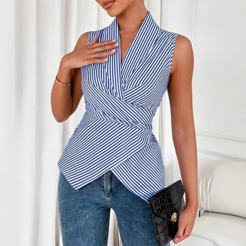 summer cross-border  women's striped sleeveless v-neck button-down shirt with back tie