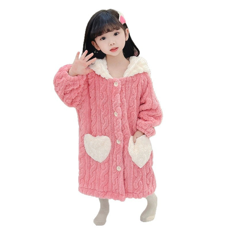 Girls' coral fleece pajamas - autumn/winter kids' robe - long, warm, wearable bathrobe for baby girls