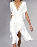 european and american summer fashion trend: mature women's lace-trimmed v-neck tie-up slit casual dress