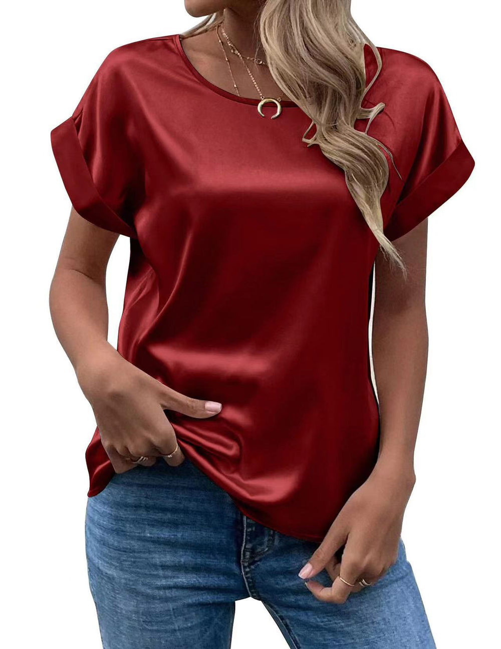 Women's short-sleeve satin blouse - relaxed fit, versatile crew neck, satin shirt - cross-border   new arrival