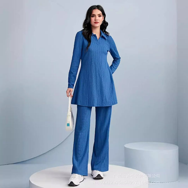 Foreign trade wholesale 2024 new debut solid color Polo collar long T-shirt and wide leg trousers fashion temperament suit