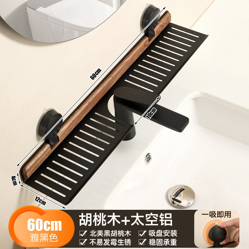 Walnut suction cup bathroom organizer - no drilling required, over-mirror faucet & vanity storage rack