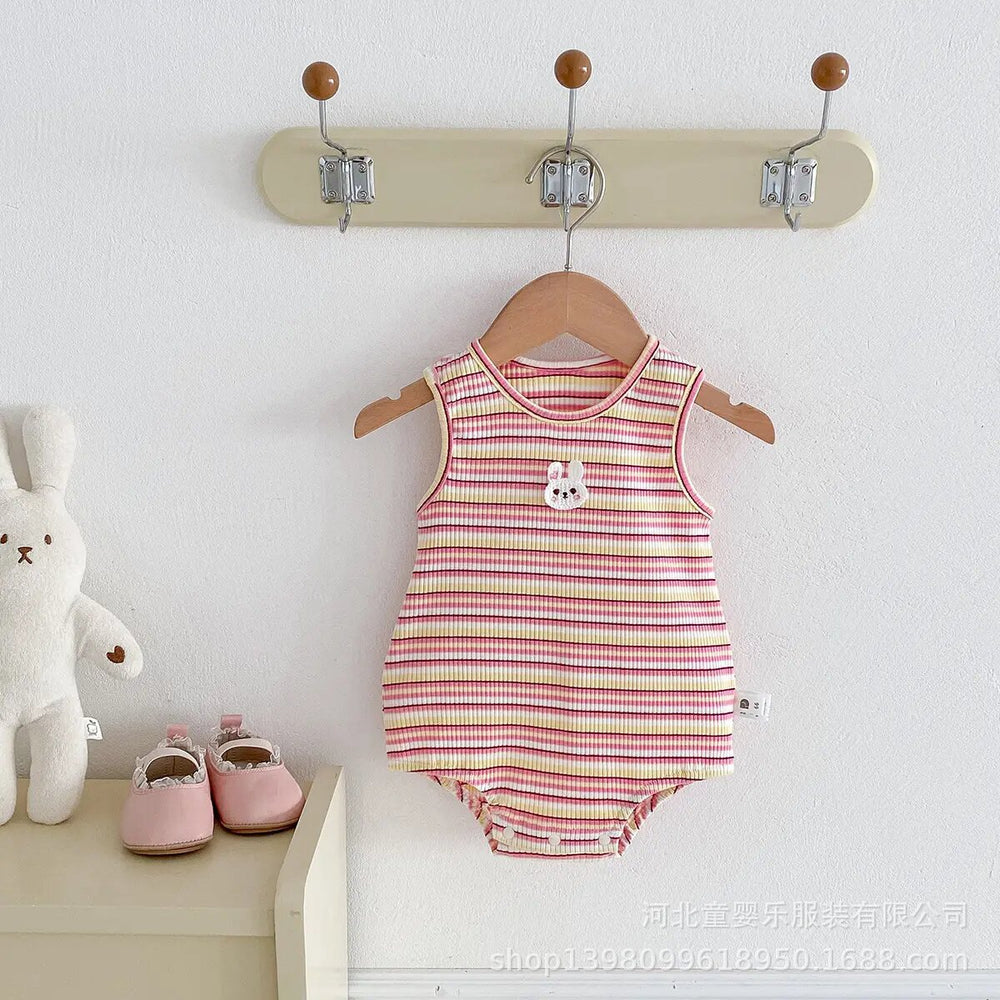 Infant and toddler summer girl's sweet striped romper with bunny ear triangle snap crotch bodysuit