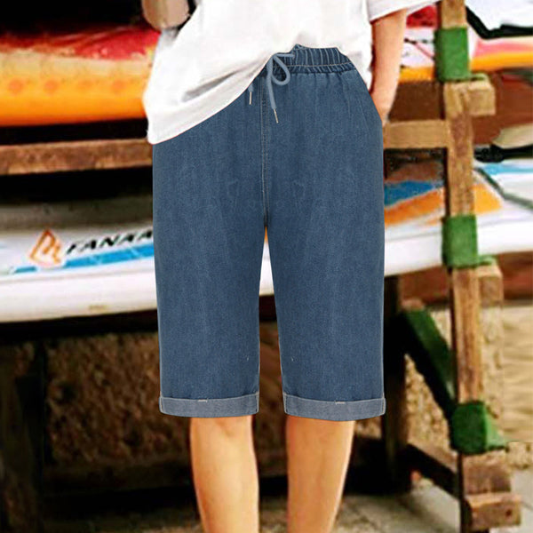 European and American  supply women's clothing loose straight elastic waist drawstring five-point pants denim shorts