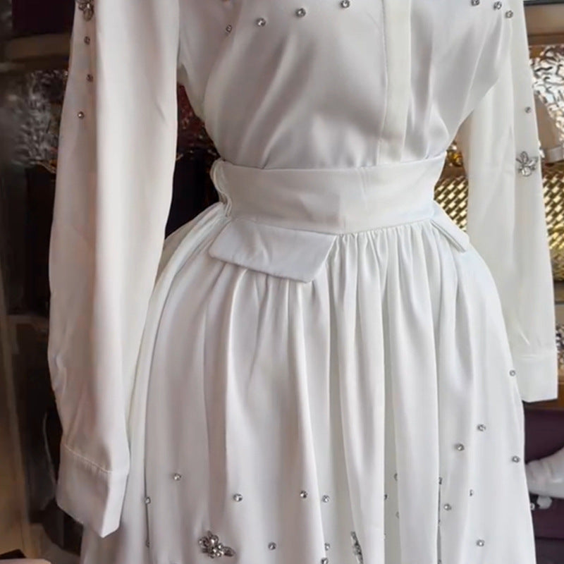 European and american cross-border women's fashion:  autumn new arrival - elegant turn-down collar, rhinestone-embellished long-sleeve blouse and pleated midi skirt set
