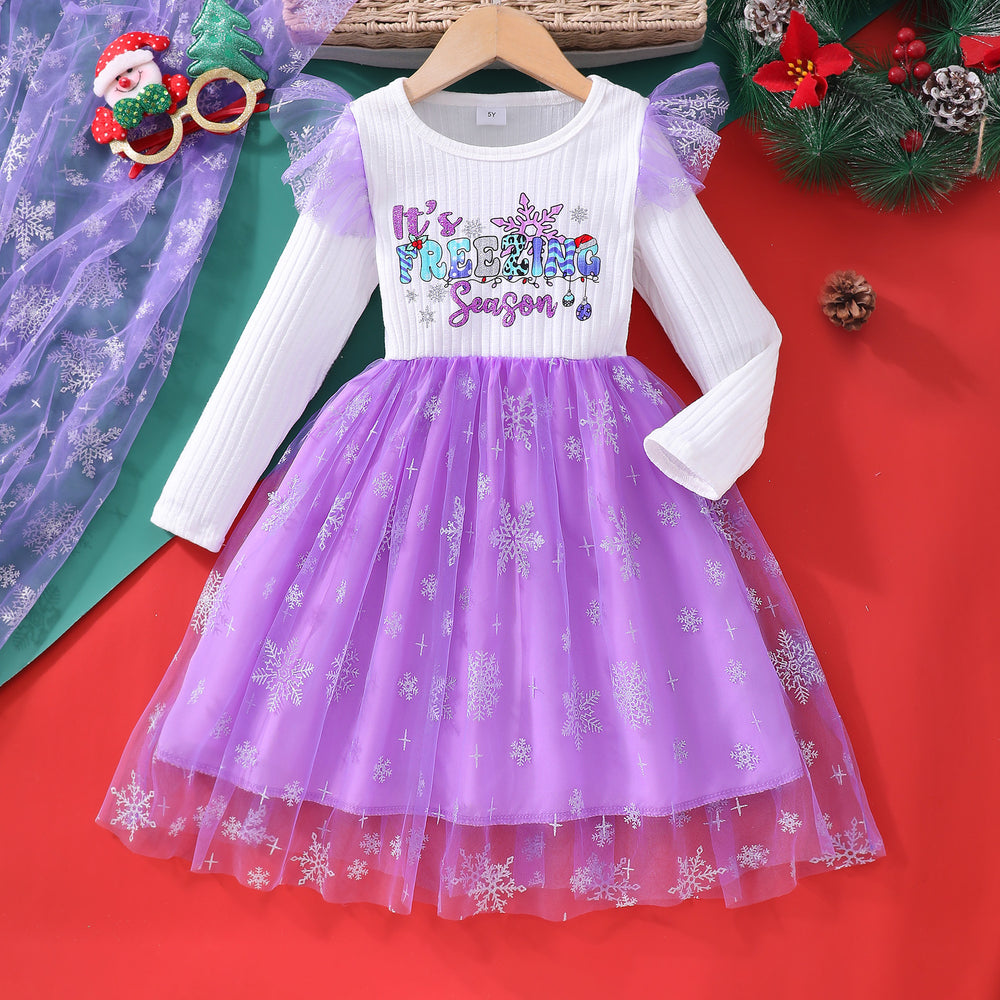 Kids' long-sleeve crewneck dress with letter print and mesh overlay
