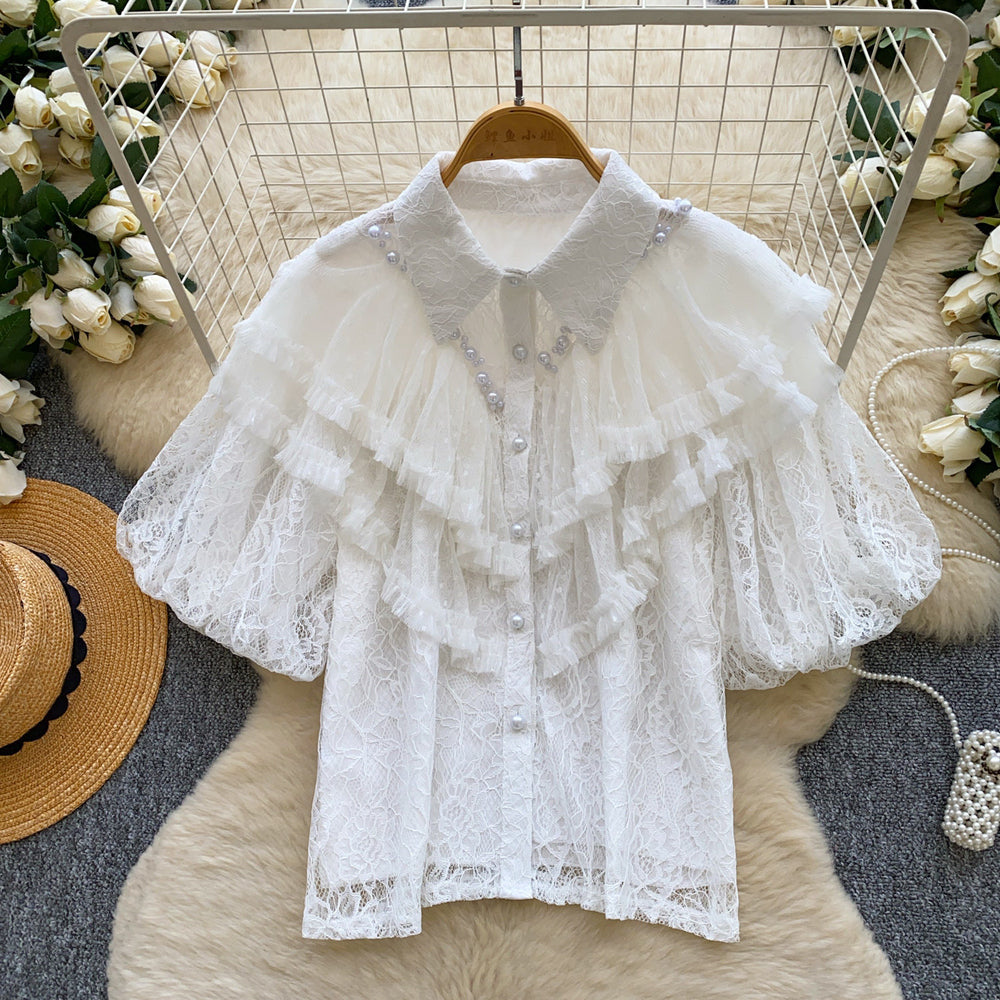 Palace style heavy industry beading lacepatchworkrufflesshirt women's summeraccessible luxury socialite age-reducing eleganttops