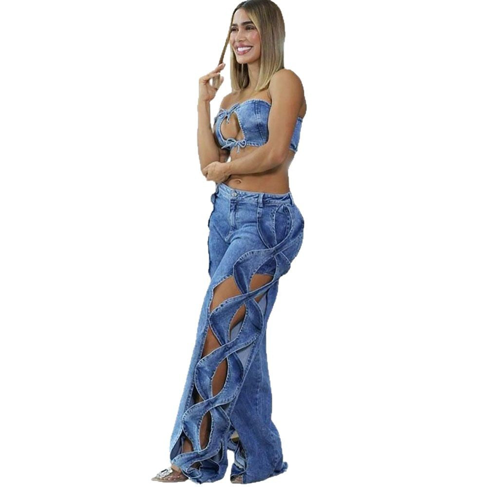 European and american style women's denim set -  cross-border fashion: sexy tie-up bandeau top with cutout high-waisted pants