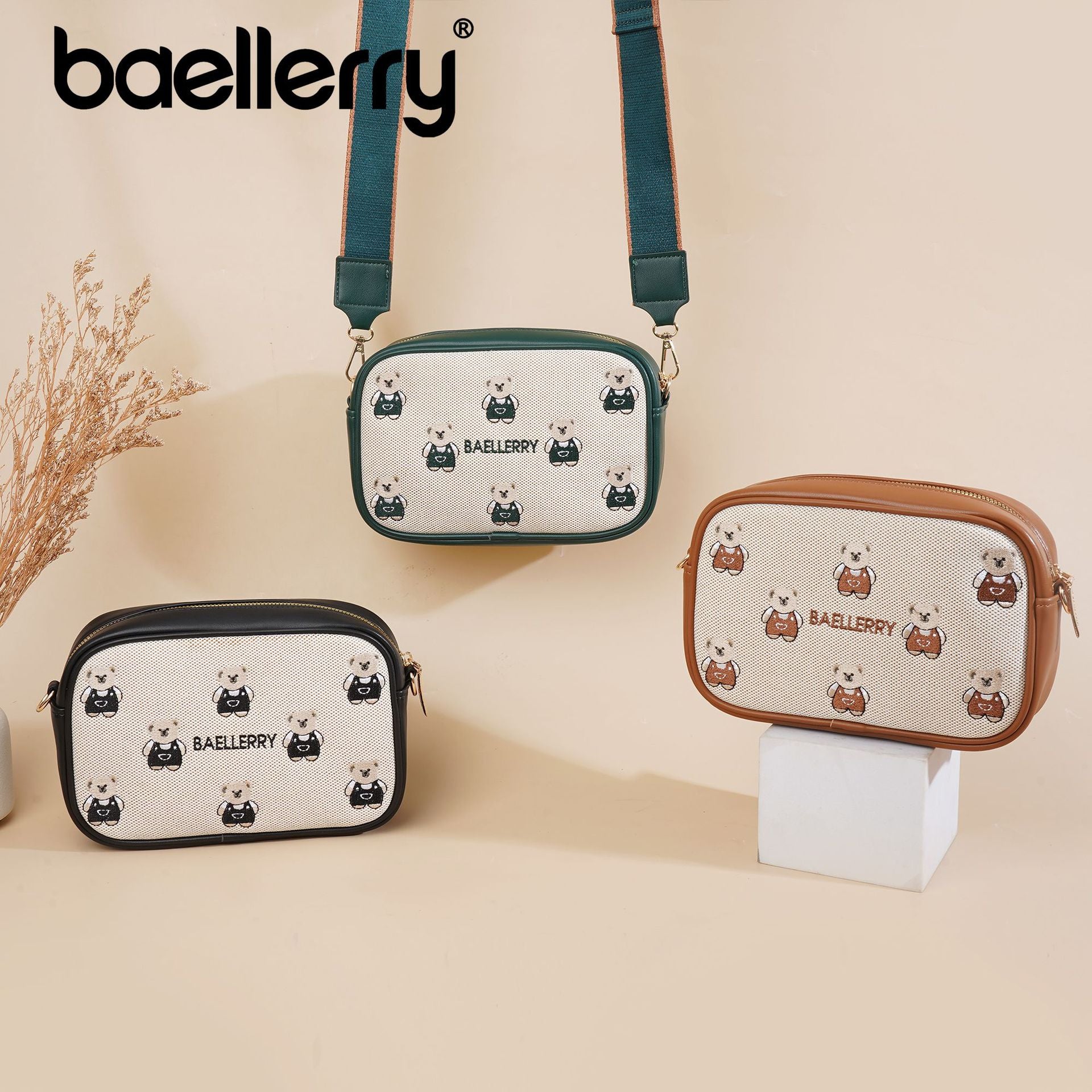 New bear embroidered women's shoulder bag bag messenger bag women's large-capacity hot-selling women's bag fashion pu Korean niche