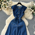 French hepburn style denim dress for women summer waist slimming lookelegantniche stylesense of design unique long skirt