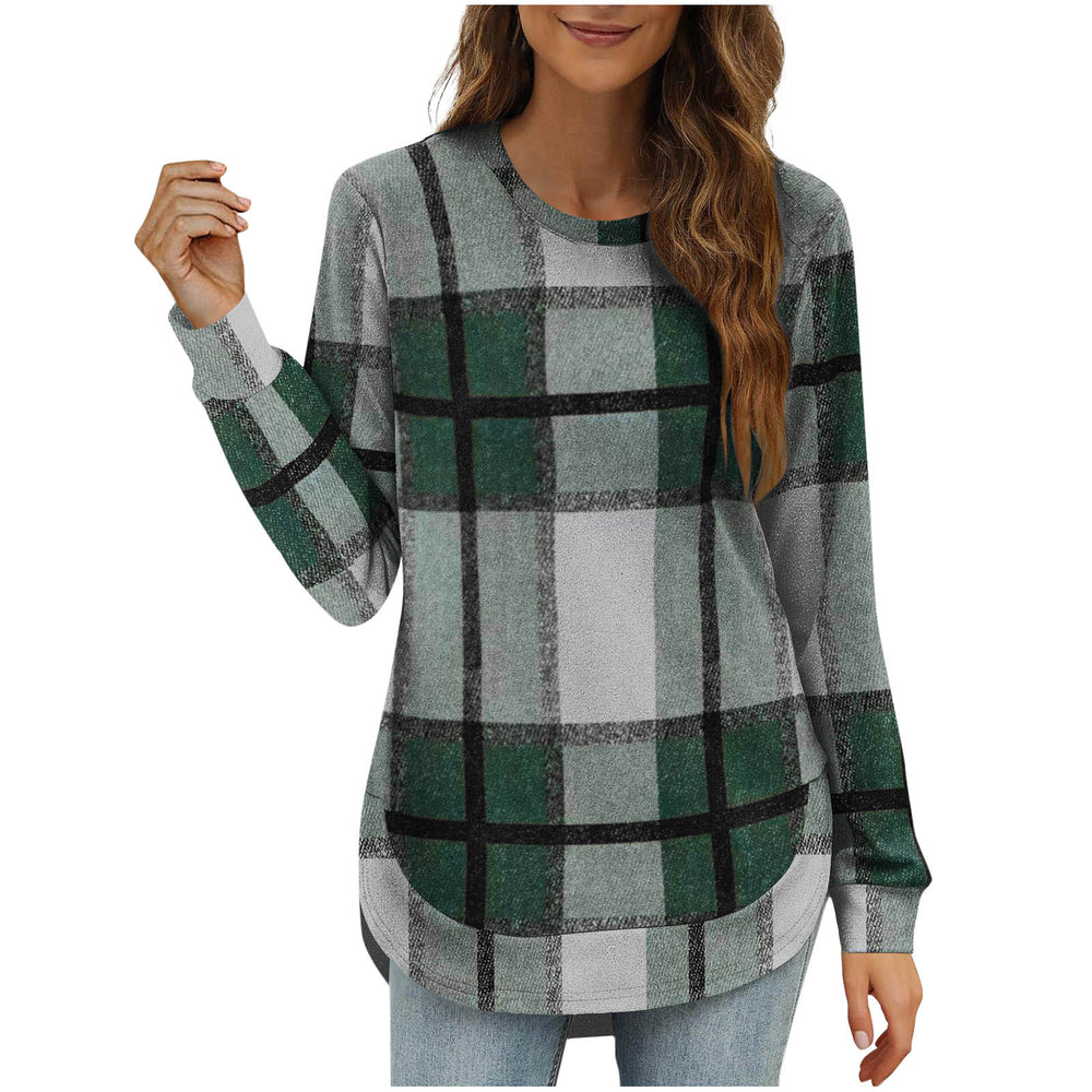 new women's casual loose plaid long sleeve crew neck irregular hem top - perfect for cross-border  sales