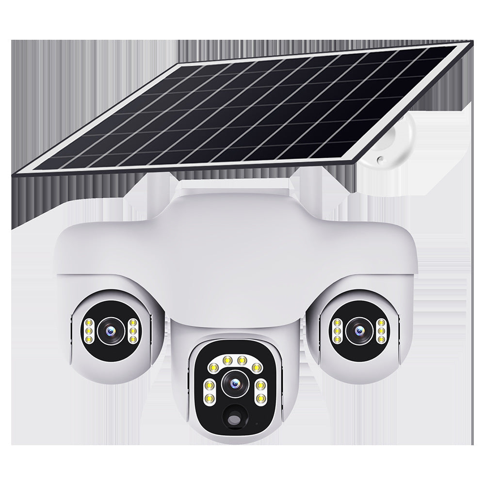 Cross-border low-power V380 monitoring outdoor grid-free and unplugged 4G three-ball rotating solar surveillance camera