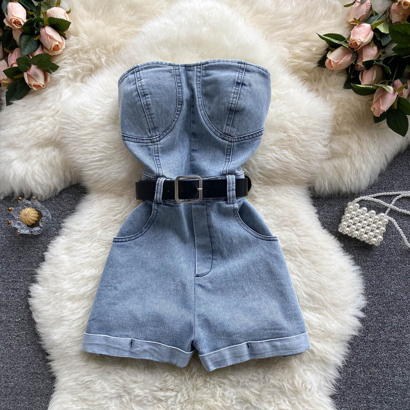 Tube topworkwear jumpsuit women's new arrivalhigh waistslimming look wide leg shortspetitescasual jumpsuit hot girl pants