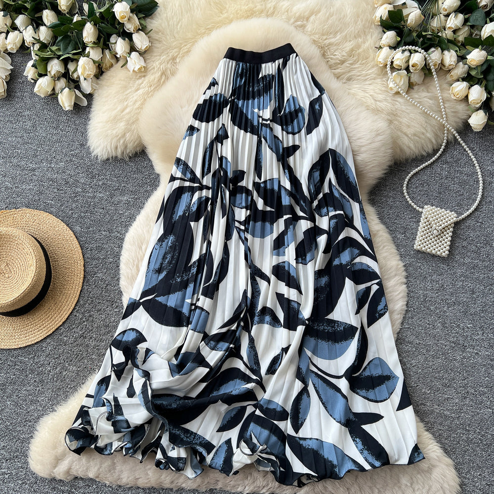 Export cross-border printing high waist a-line pleated skirt women's summerpleated skirt mid-length skirt work clothing holiday style