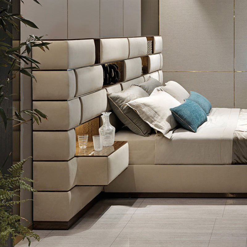Italian designer wide-screen bed - modern luxury double bed for master bedroom, perfect for villas and large apartments - premium matte leather finish