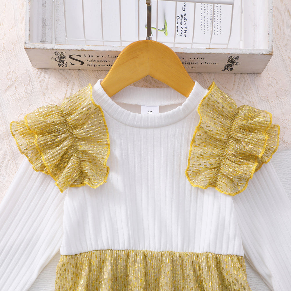 Girls' dress, ruffle sleeve ribbed knit cutout patchwork dress