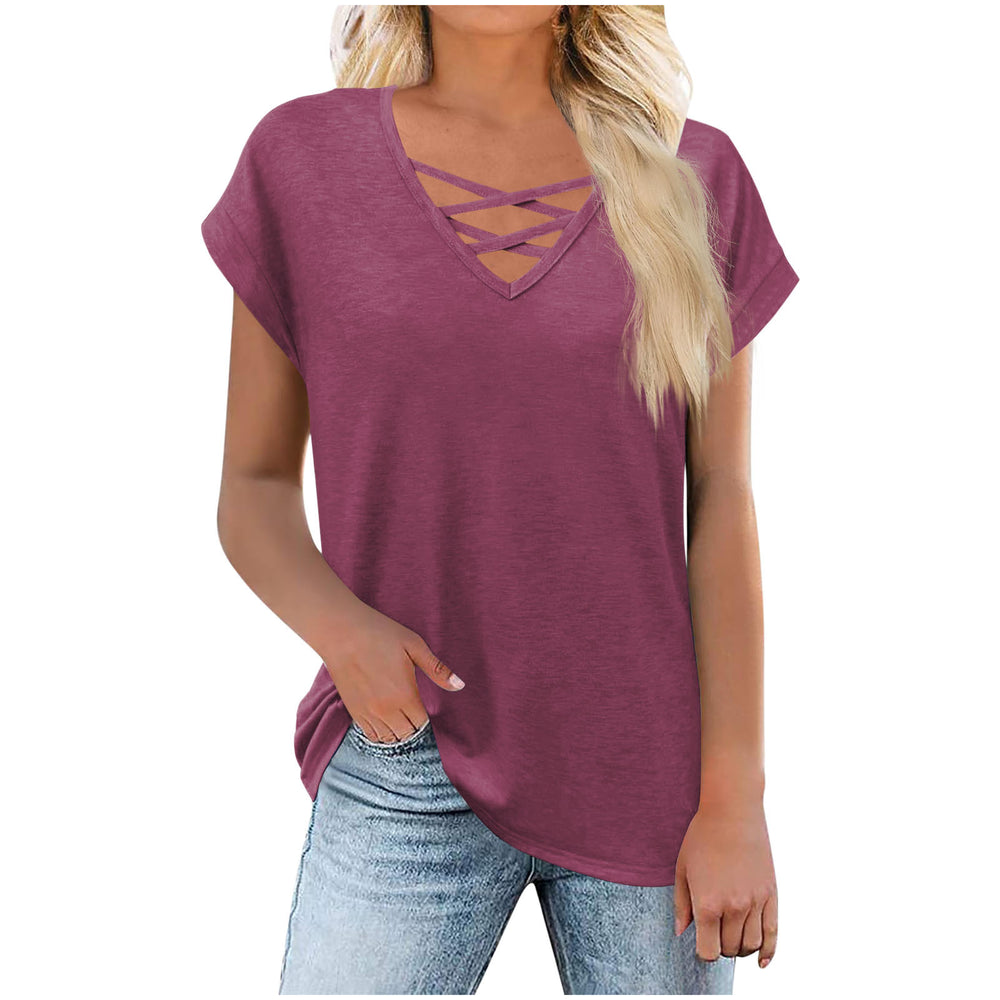 fashionexport cross-border  women's loose butterfly sleeve v-neck cross t-shirt tops short-sleeved shirt