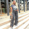 European and american style jeans  cross-border women's fashion hot girl washed slit tie-up denim high waist pants