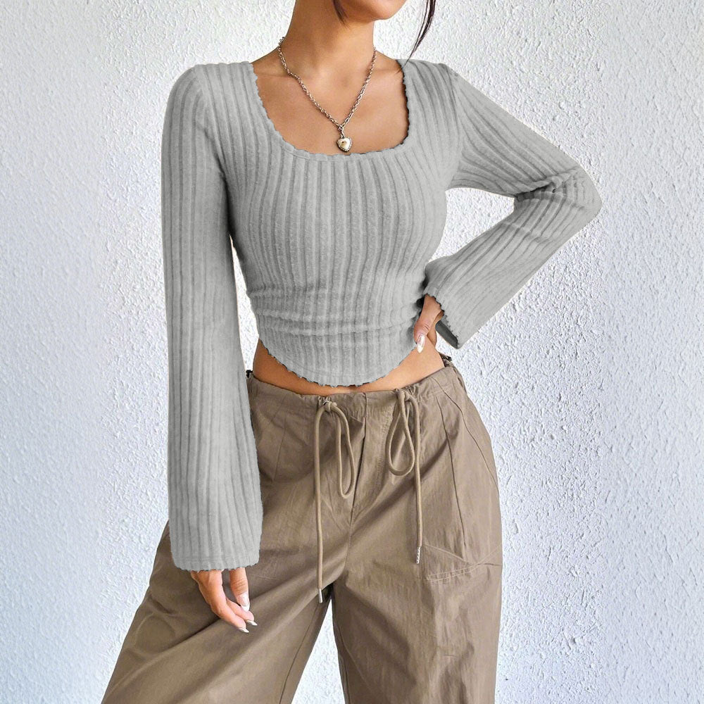 European and american cross-border  spring/summer new arrivals:  women's fashionable and elegant square neck flared long sleeve t-shirt top