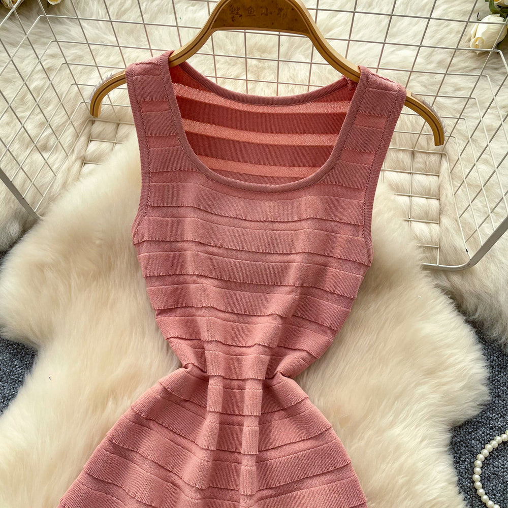 Korean style sleeveless a-line midi dress - versatile, round neck, high waist, slimming, pink, elegant, summer workwear