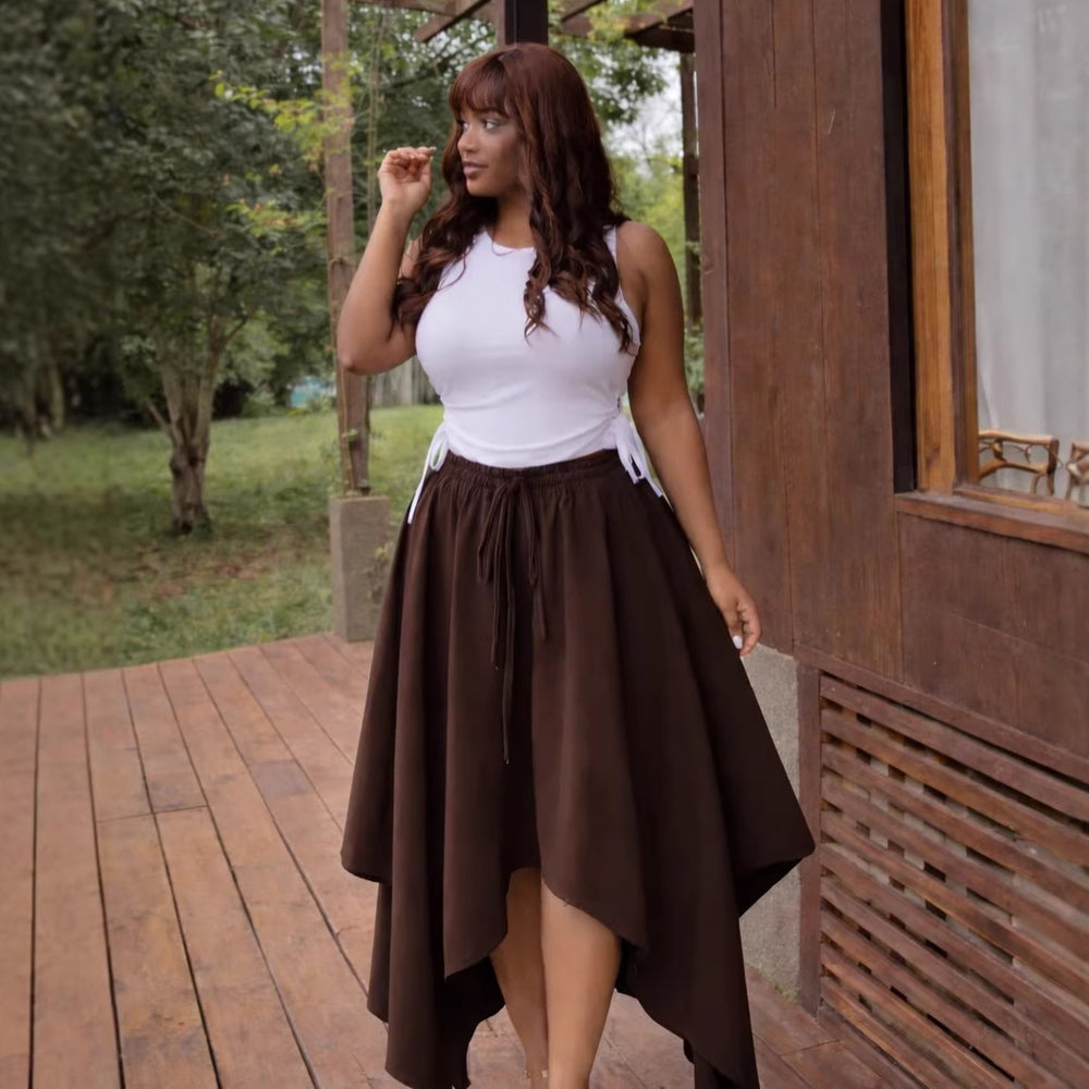 European and american cross-border women's clothing  summer new arrival: african-style plus size high-waisted asymmetrical tie-up midi skirt