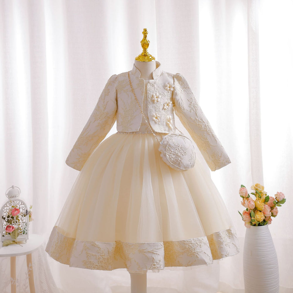 New children's formal wear set: gold thread wedding dress three-piece princess outfit for girls, perfect for piano recitals and special occasions