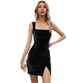 european and american women's clothing  summer music festival sexy slit square neck bodycon velvet red dress