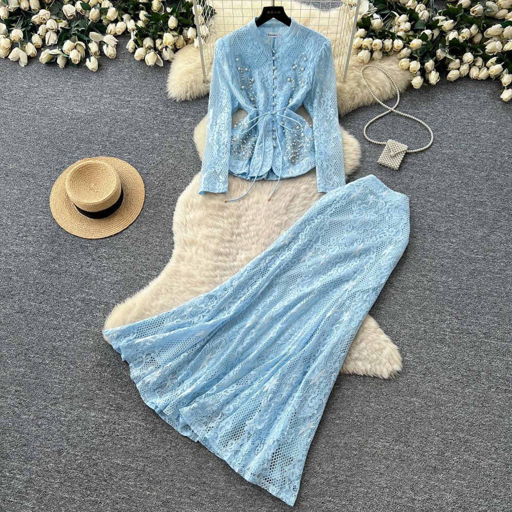 French chic beaded v-neck lace two-piece set - women's summer commute style, slim fit, high-end elegant outfit