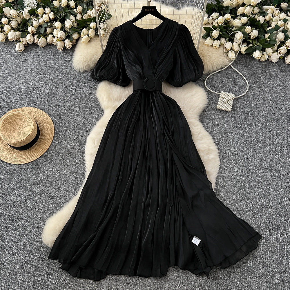 Luxury chic bubble sleeve dress - women's summer slit v-neck belted slimming exquisite maxi dress