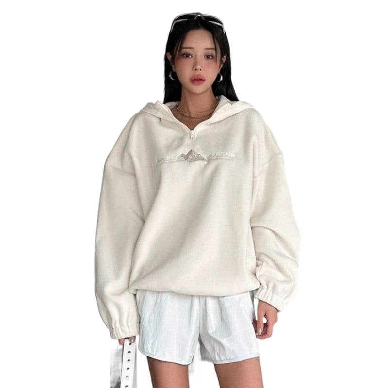 Pure colorletterembroiderprintinghooded sweatshirtloose lazy style stand collar with zipperfashion cross-borderautumnew arrival