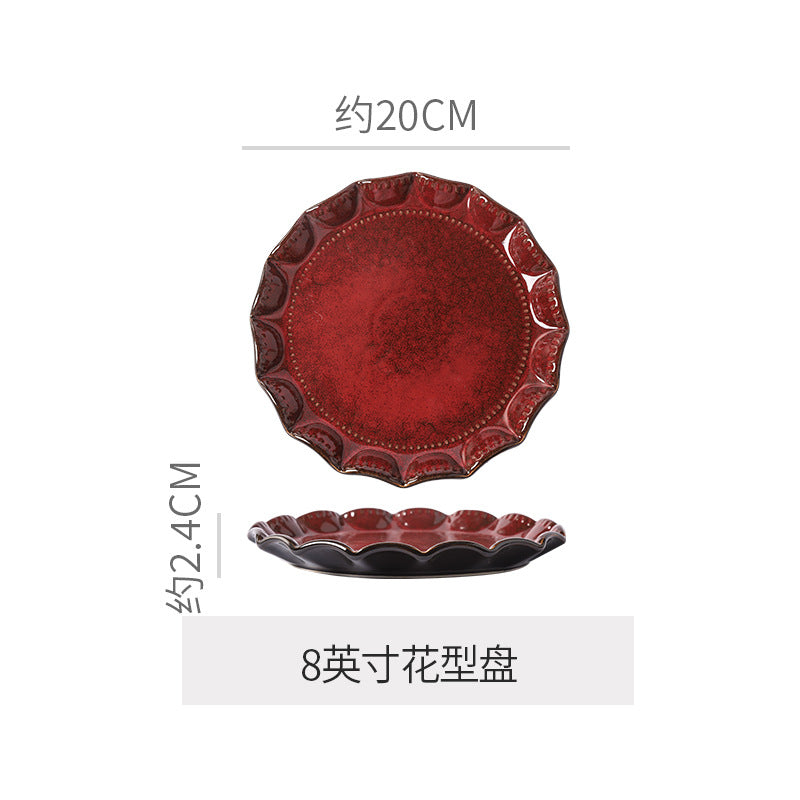 Personalized burgundy ceramic restaurant hotel tableware embossed exquisite fruit dessert plate tea tray for home dish plate salad bowl