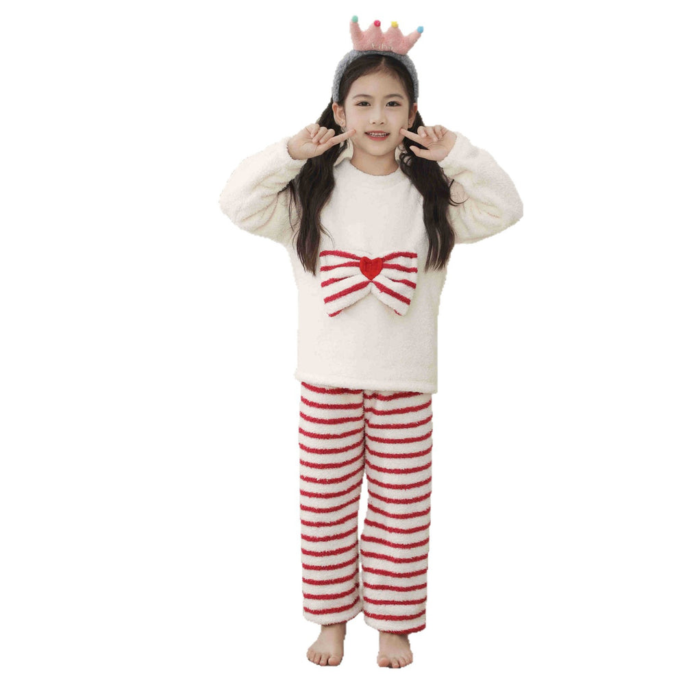 Girls' sweet bowknot pajama set for toddlers and big kids - new autumn/winter warm half-fleece loungewear