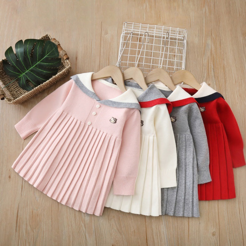 Girls' knit sweater dress - new autumn  collection: navy collar, longline style, preppy look