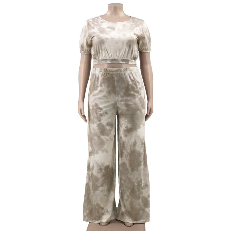 A20305 european and american style women's clothing  fashion streetwear casual tie-dye crew neck short sleeve top and wide leg pants set