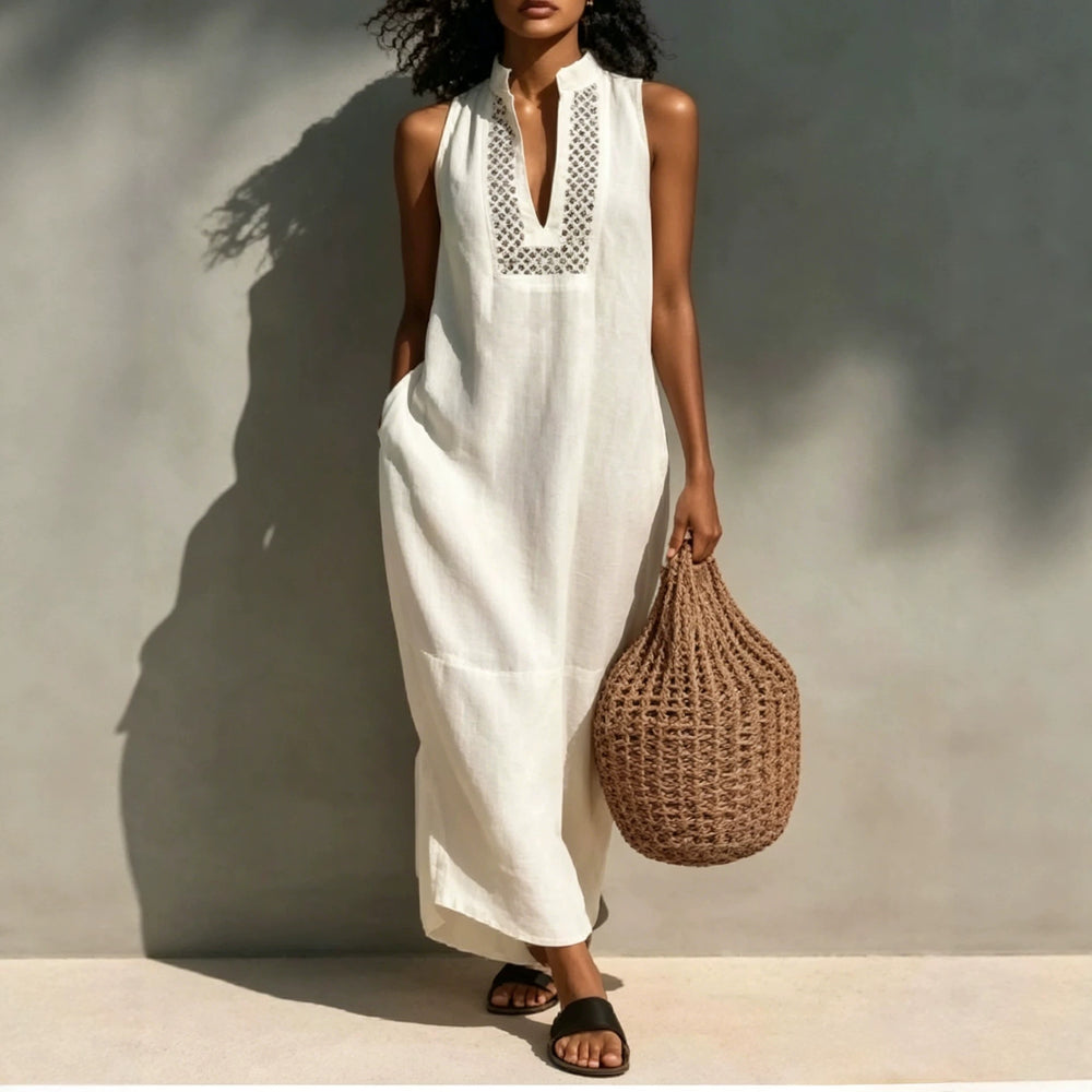 european and american cross-border independent station summer white sleeveless cut outv neck long dress vacation style loosedress