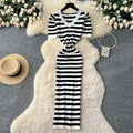 Korean chic goddess style high-end fashion color block striped v-neck puff sleeve cinched waist slimming knitted dress