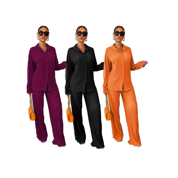 YZ1386 European and American  women's clothing  women's two-piece set crumpled two-piece set lapel trousers single-breasted