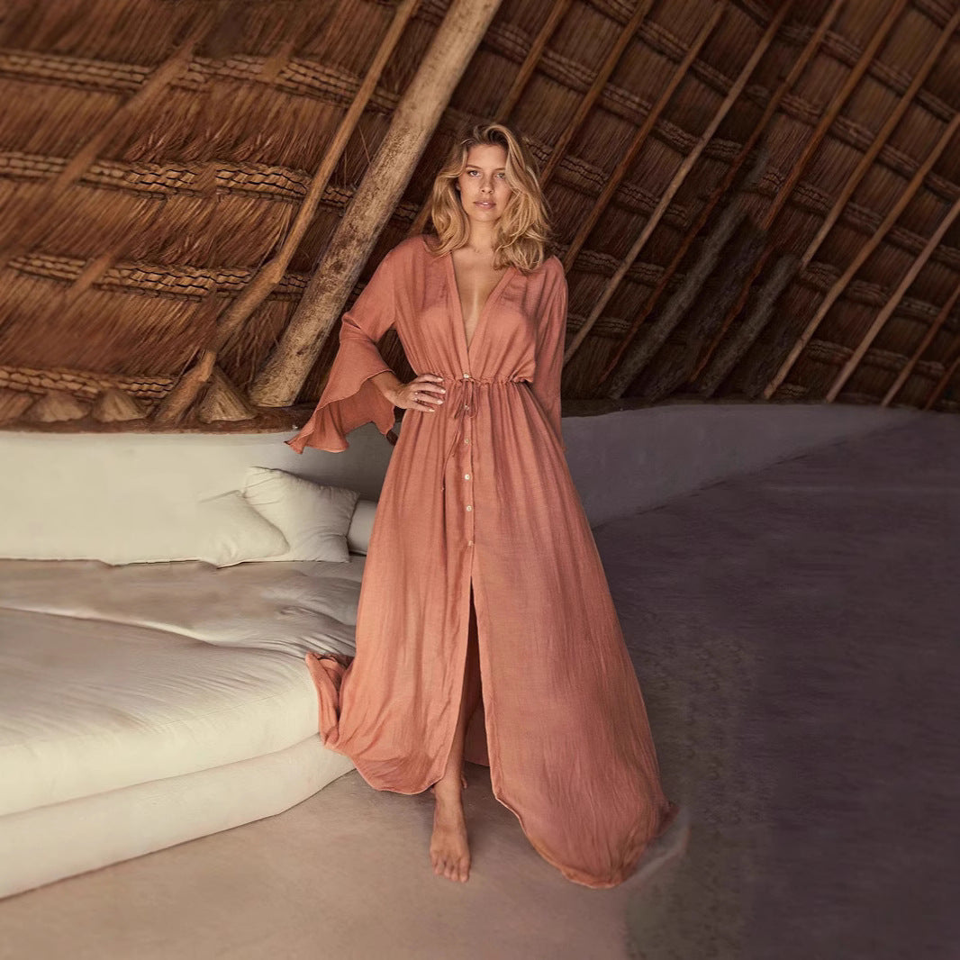 Europe, America 2025 new horn-sleeved cardigan long sunscreen suit beach jacket bikini top swimsuit blouse