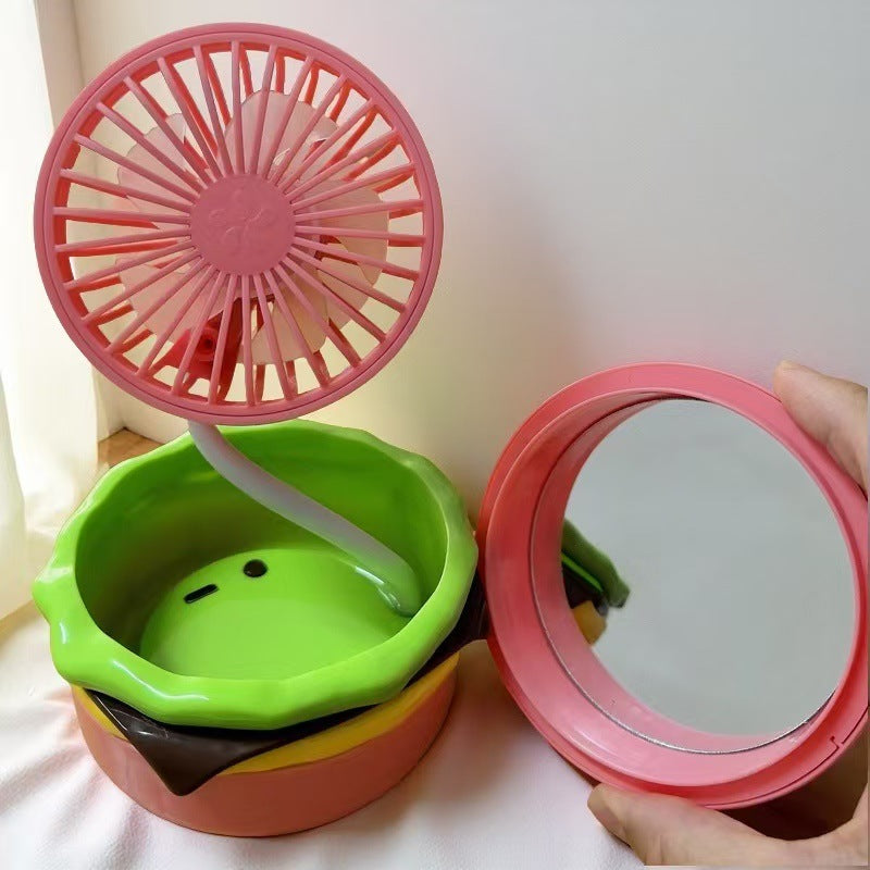 Creative burger mini fan with storage and makeup mirror, usb rechargeable, 3-speed adjustable, multifunctional desktop fan
