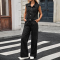 Fashion cross-border fashion  new arrival washed denim button lapel flap pocket pantstopsstraight-legpantstwo-piece set