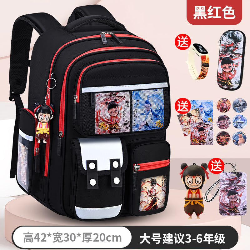 New nezha backpack for elementary school students, grades 1-6, lightweight, spine-protecting, load-reducing, large capacity for boys and girls
