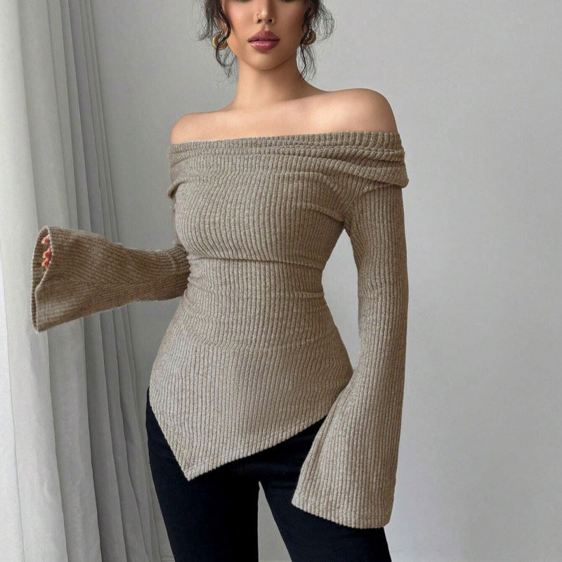 Real shot of export cross-border 1688shein  bell sleeve swing collar knittingtops