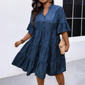 plus sizecasual skirt stand collar small v placket bell sleeves multi-layer patchwork loose imitation denim