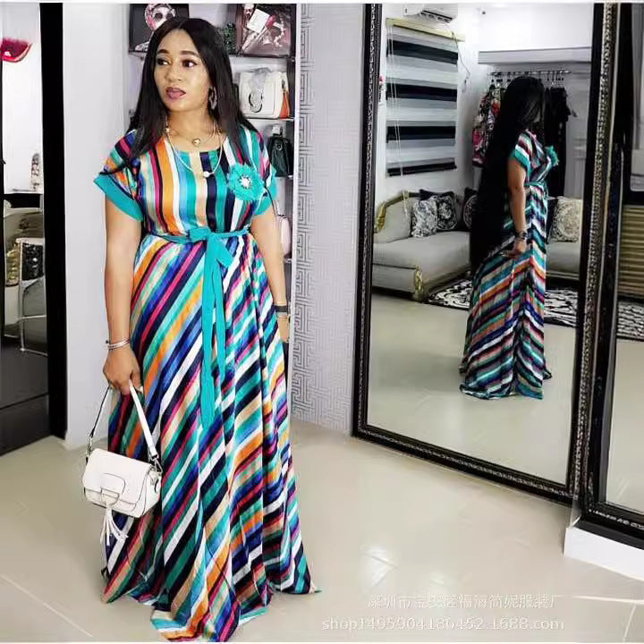 Factory direct export supply: colorful striped batwing sleeve belted maxi dress - clearance sale!