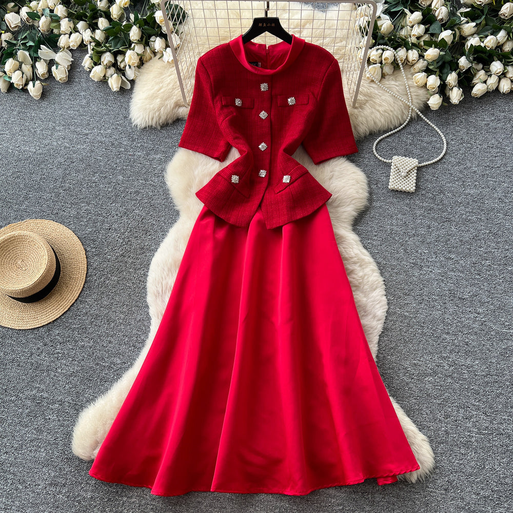 K-stylework clothingred round neck a-line dress women's summer short sleevehigh waistslimming look hepburn styleaccessible luxurysuit skirt
