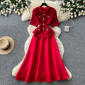 K-stylework clothingred round neck a-line dress women's summer short sleevehigh waistslimming look hepburn styleaccessible luxurysuit skirt