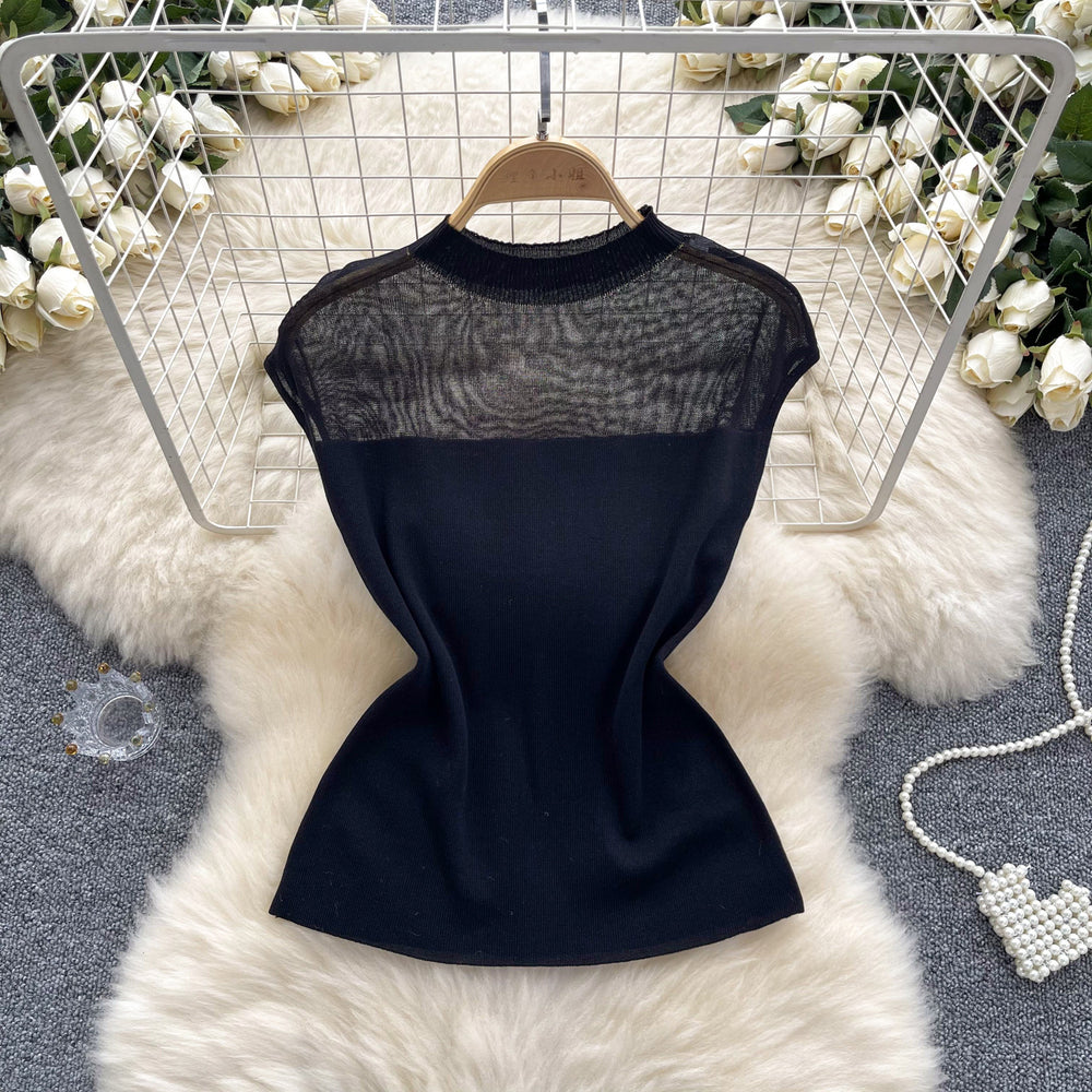 European and american style versatile new half-high neck knit top for women - pure & sexy sheer mesh panel slim-fit summer top